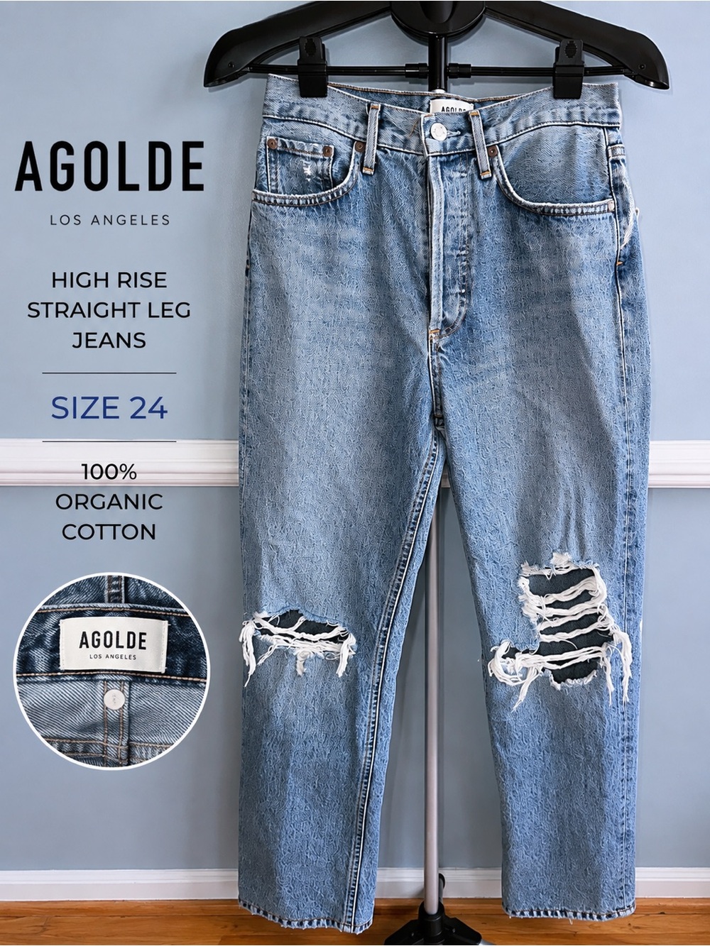 AGOLDE High Rise Distressed Straight Leg Jeans | Size 24 | Organic Cotton 👖 💙
